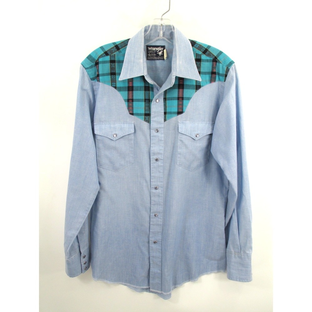 Wrangler Cowboy Cut Western Pearl Snap Shirt Mens 15.5x34 Blue Plaid Yoke VTG